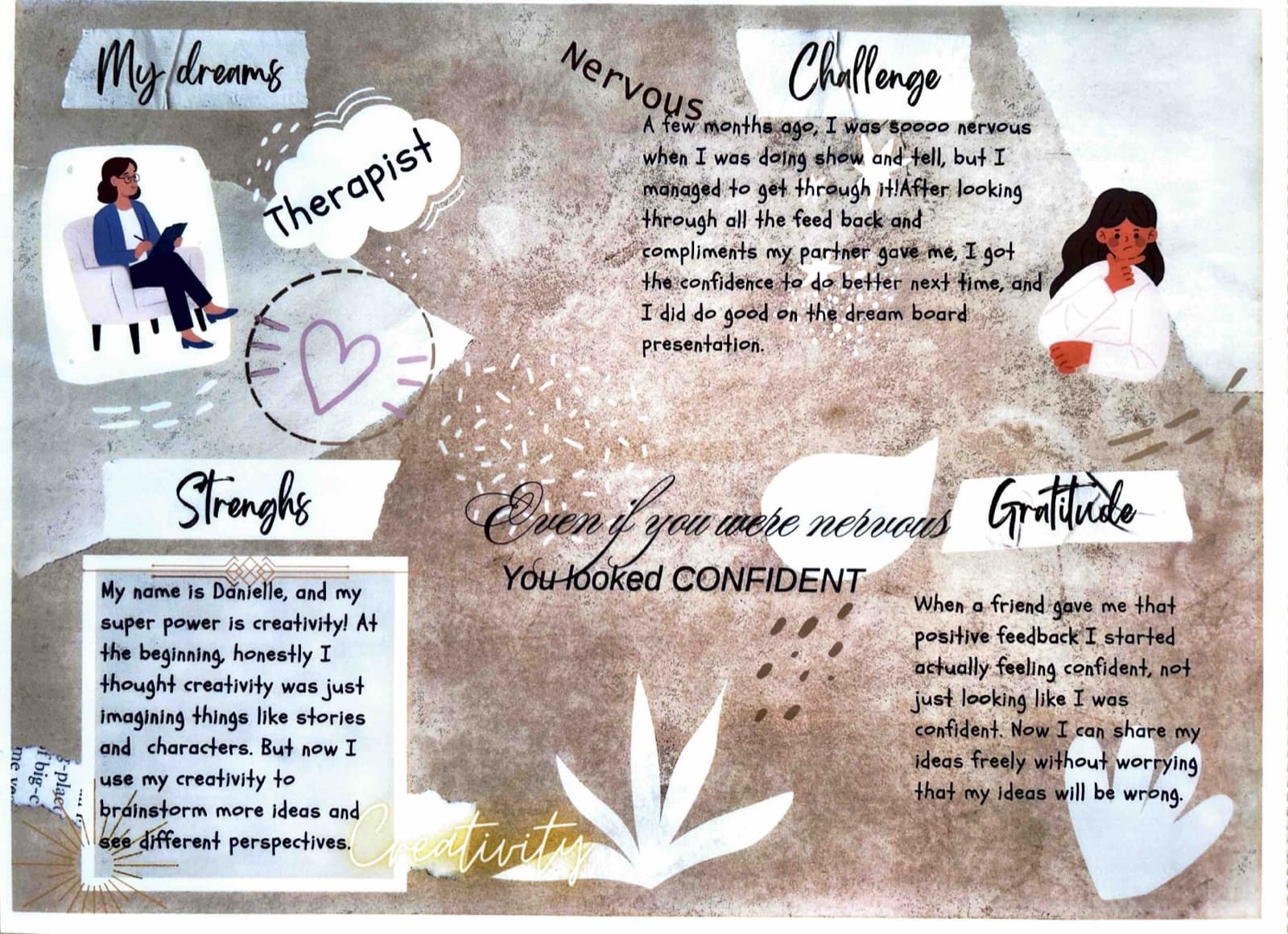 My strengths board — creativity, challenge, and gratitude.